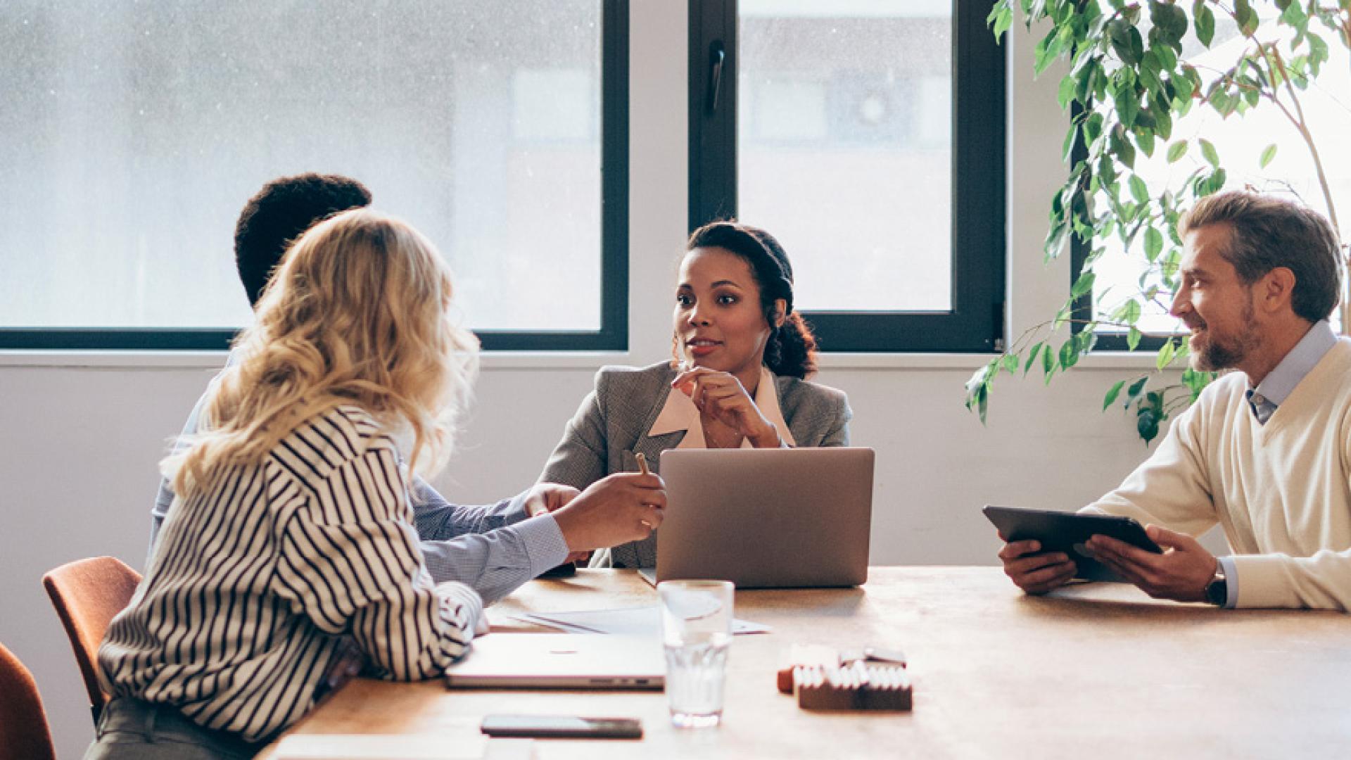 Diverse group of professionals engage in discussion in a well-lit meeting room with modern furnishings and a calm atmosphere.