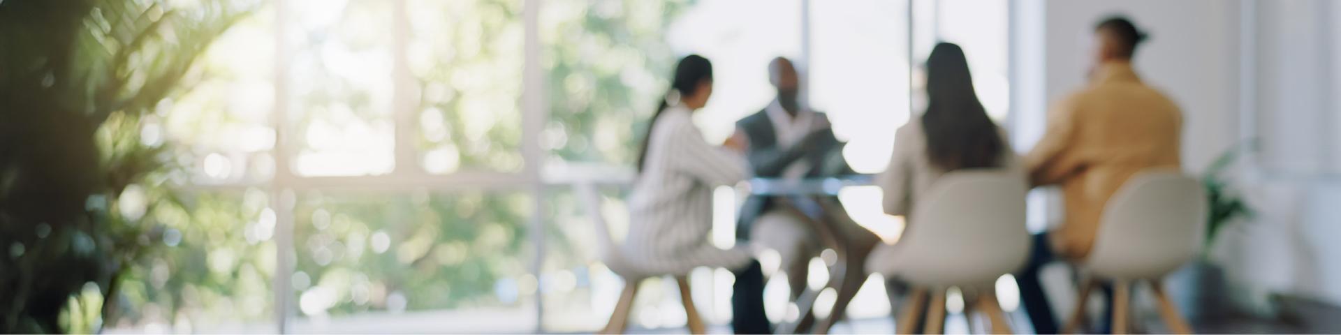 Group of men and woman meet at a modern board room table in an open, bright sunlit office